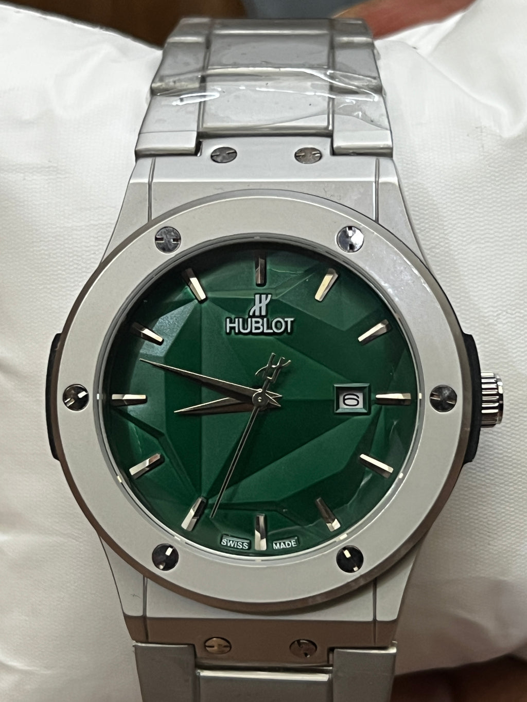 Hublot Classic Fusion Titanium Green Dial with Luxury Diamond Cut Chain.