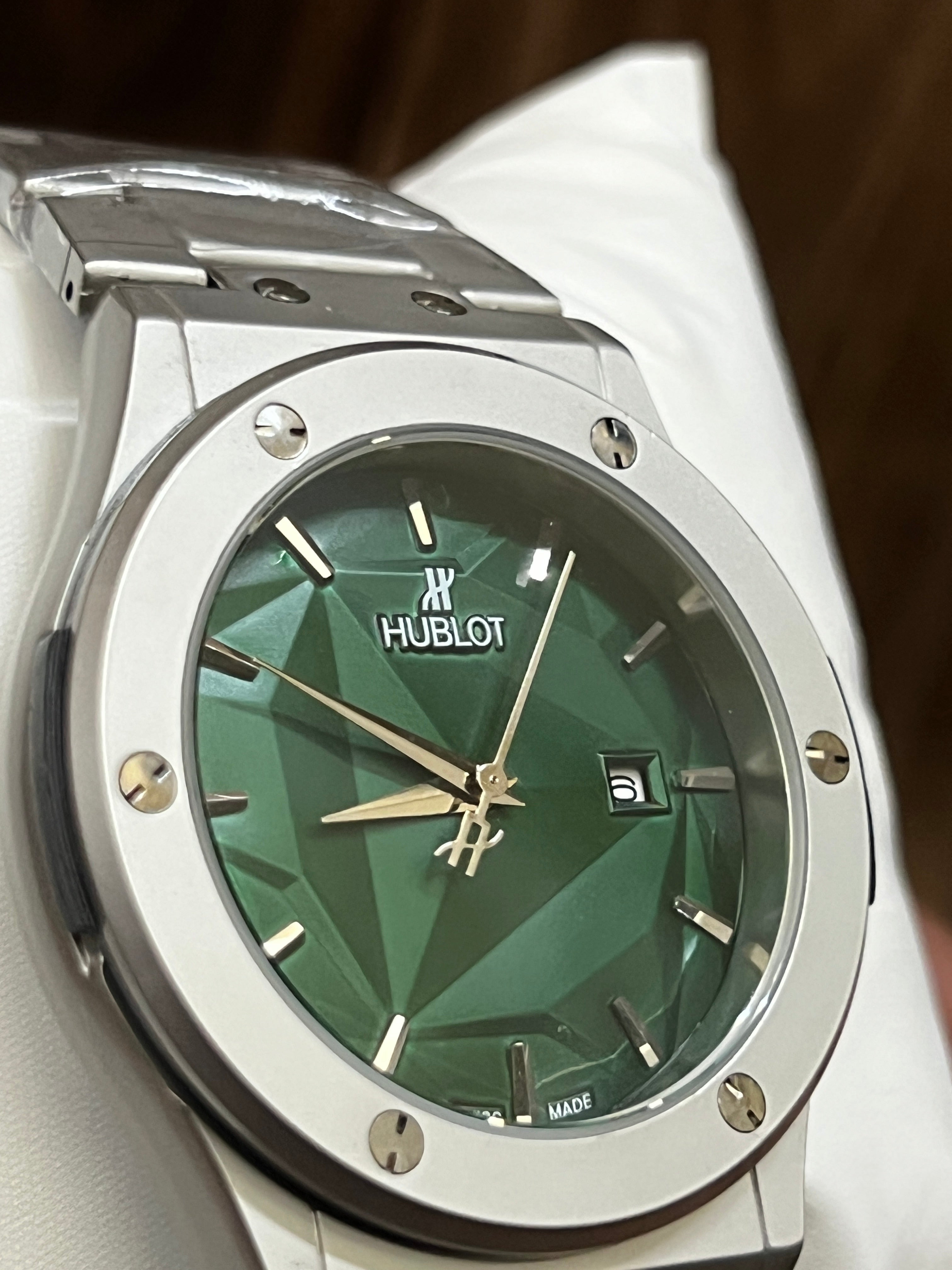 Hublot Classic Fusion Titanium Green Dial with Luxury Diamond Cut Chain.