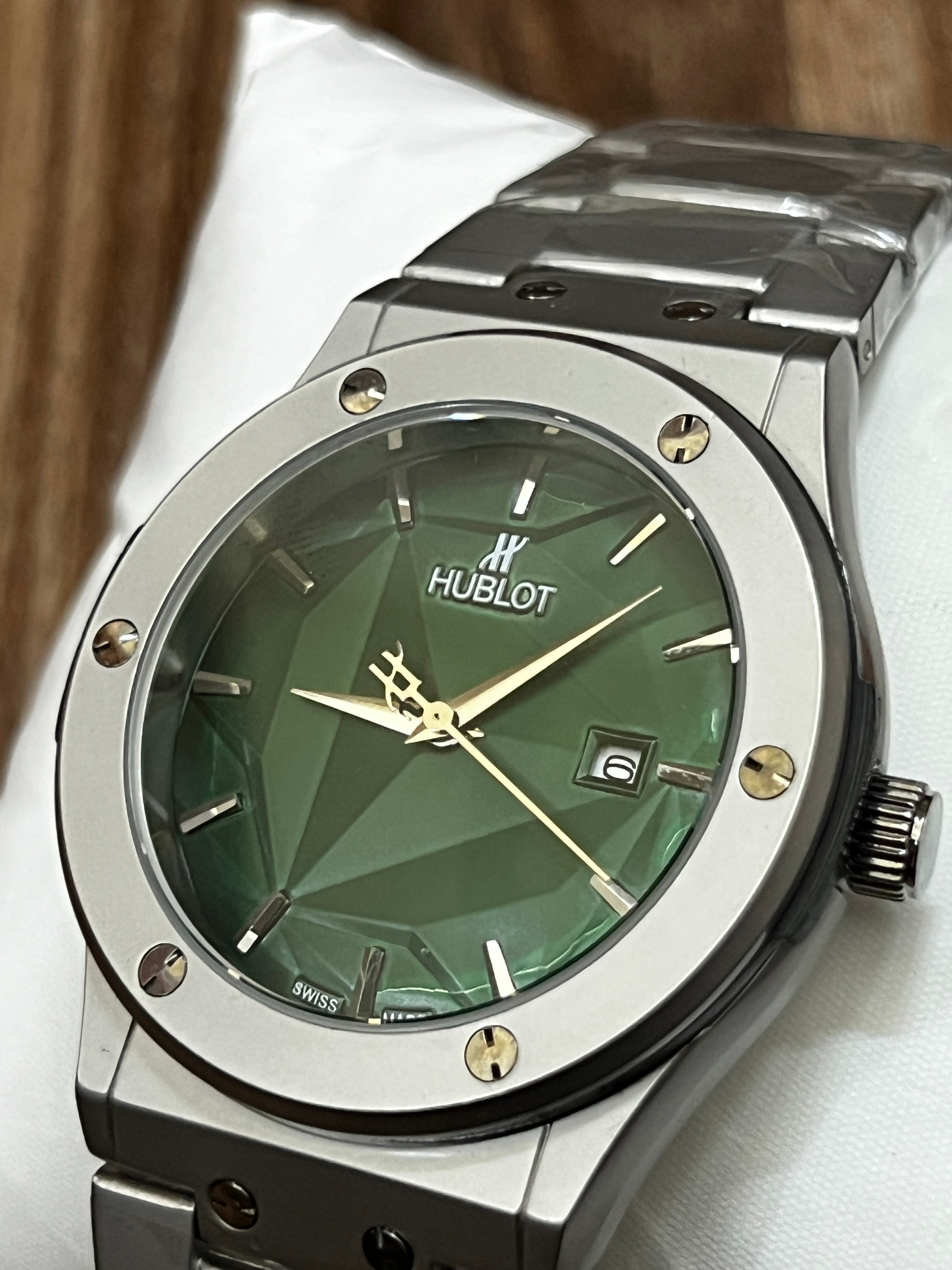 Hublot Classic Fusion Titanium Green Dial with Luxury Diamond Cut Chain.