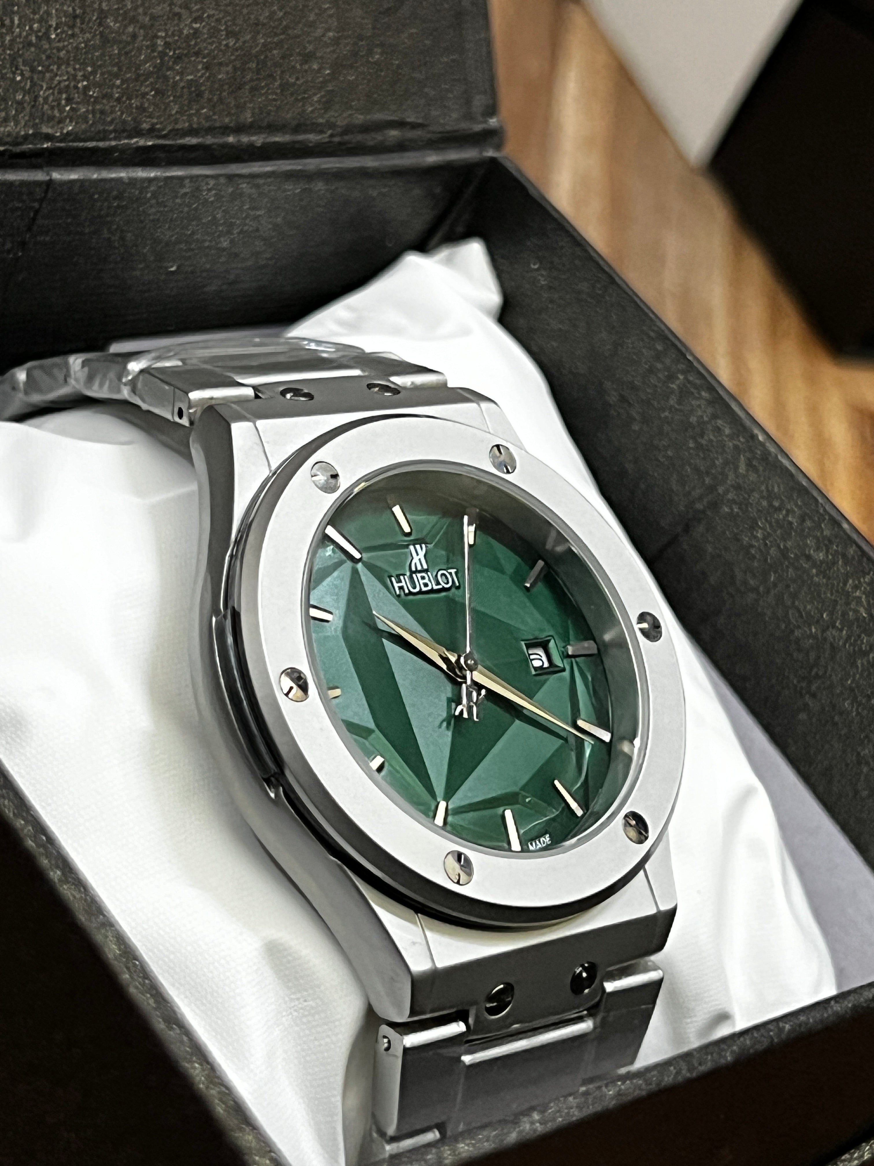 Hublot Classic Fusion Titanium Green Dial with Luxury Diamond Cut Chain.