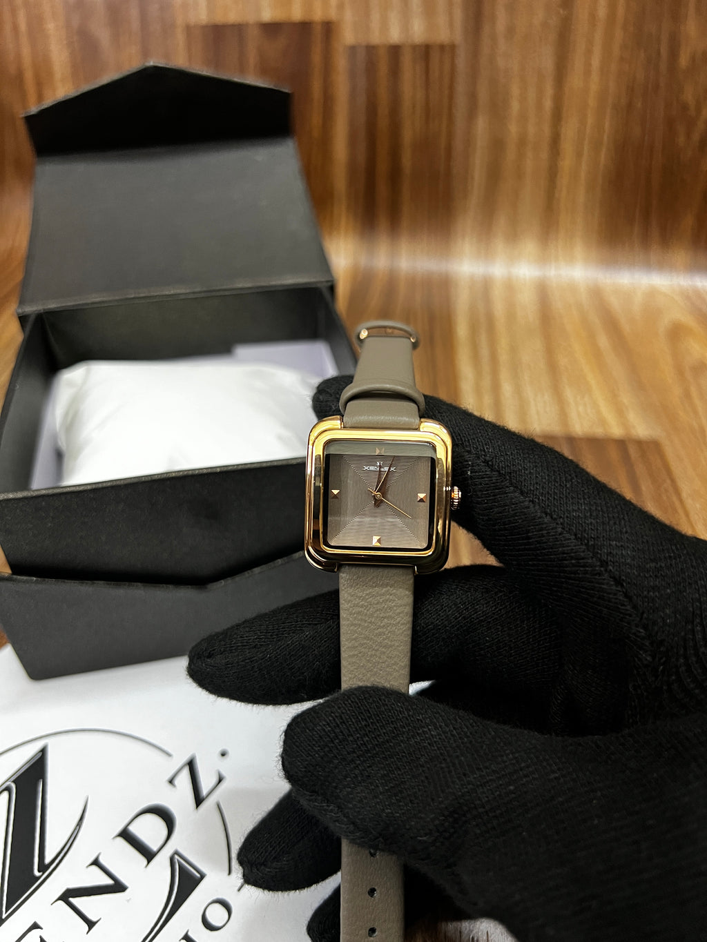 Women’s Square Dial Watch Taupe Grey Leather Strap Rose Gold Case