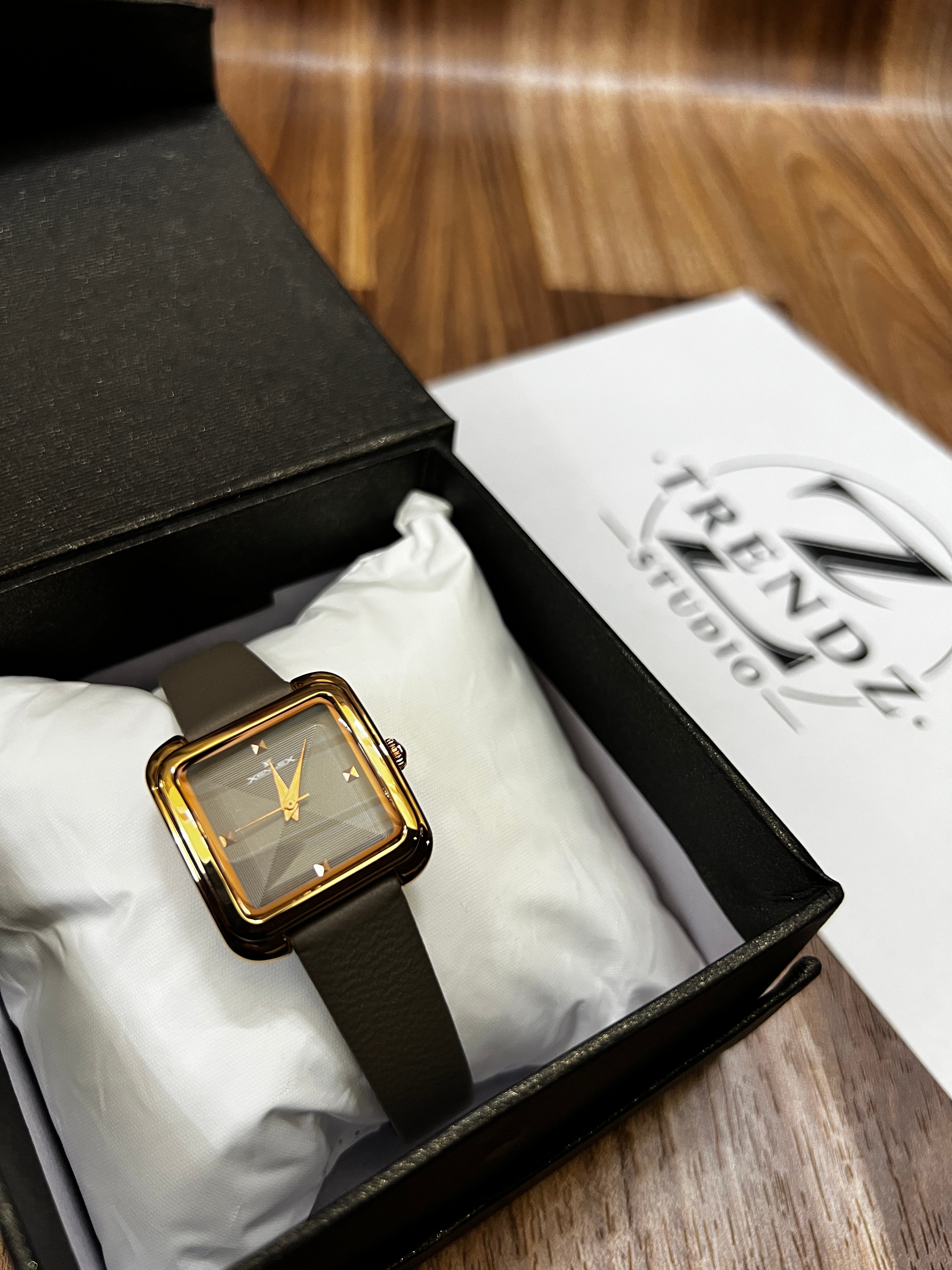 Women’s Square Dial Watch Taupe Grey Leather Strap Rose Gold Case