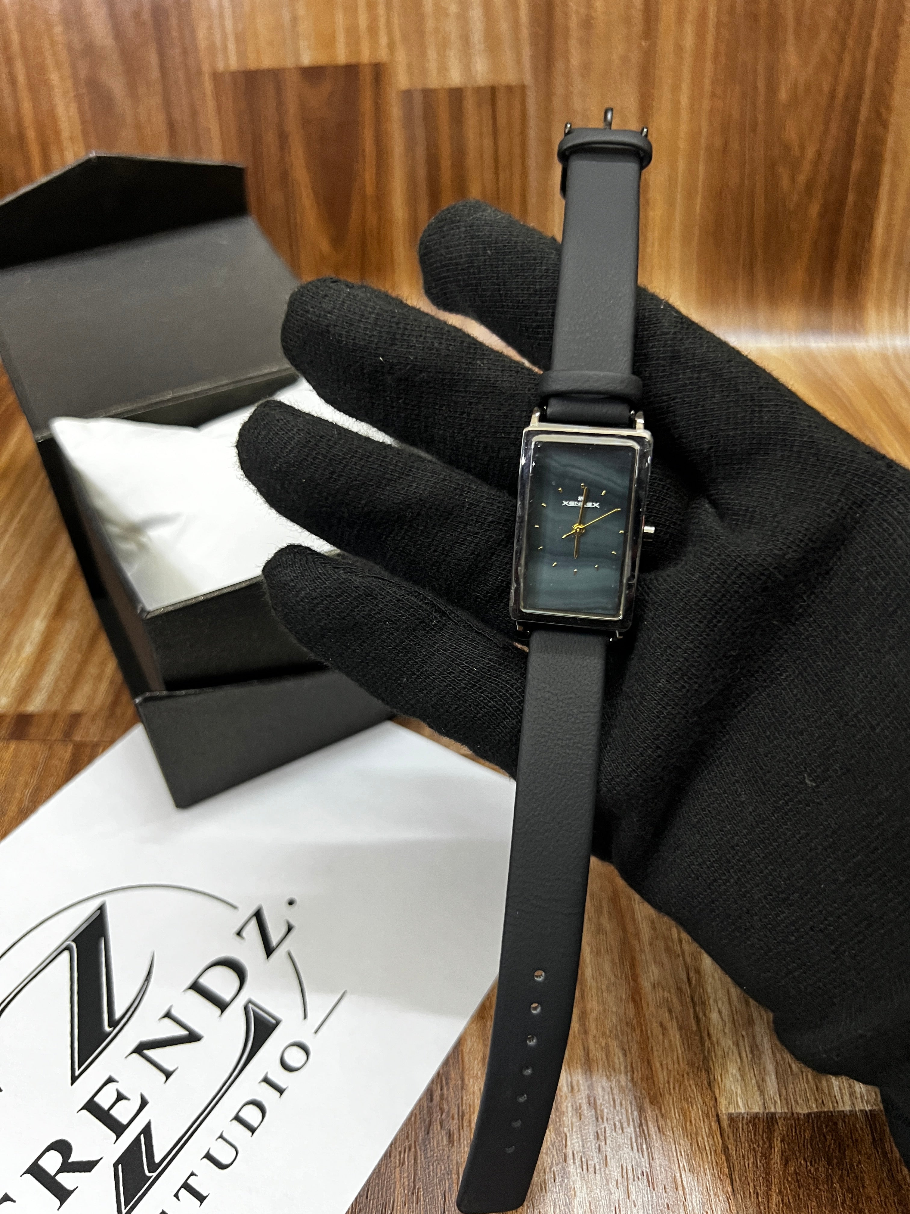 XENLEX Black Rectangular Minimalist Leather Strap Watch