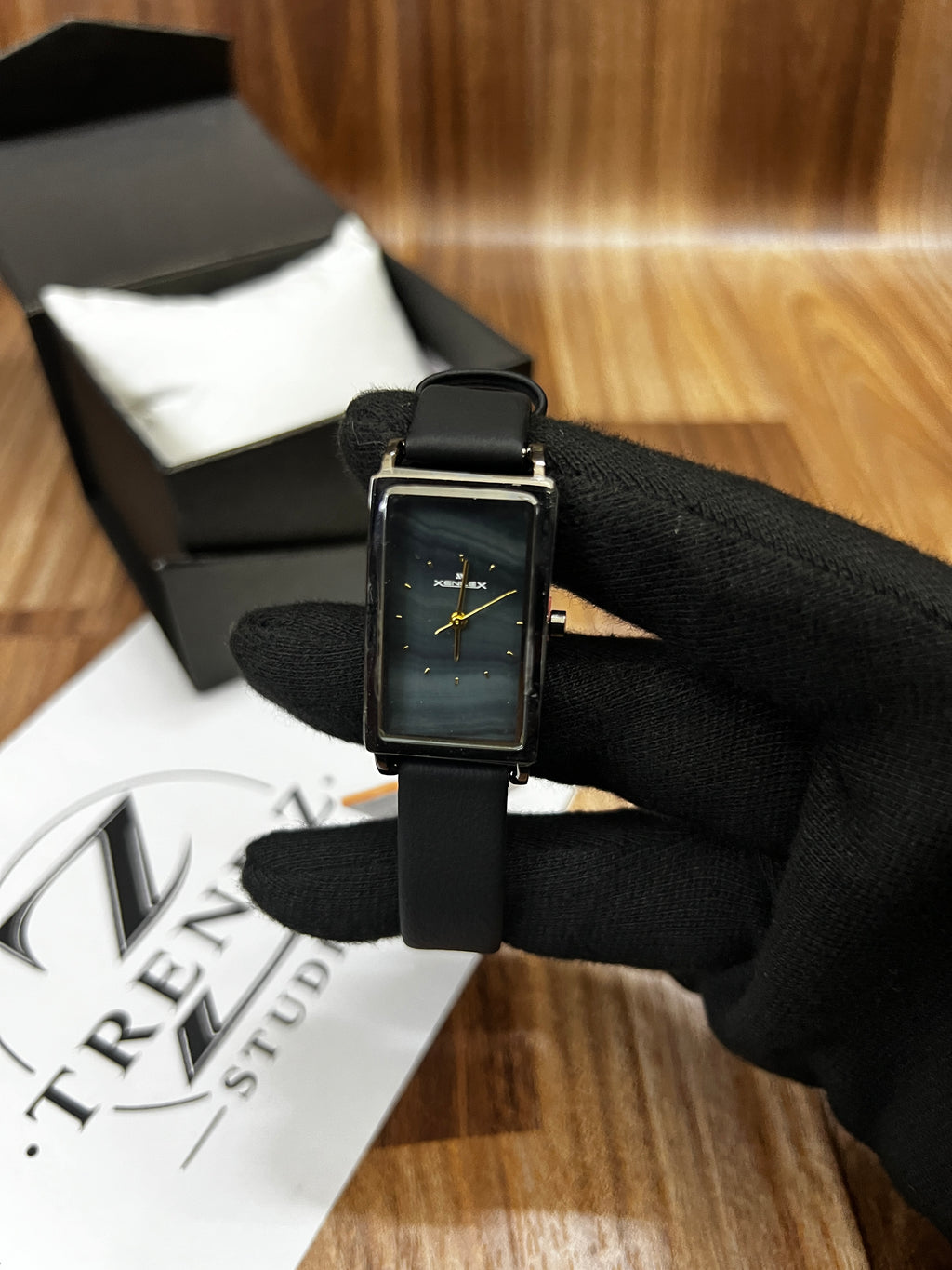 XENLEX Black Rectangular Minimalist Leather Strap Watch