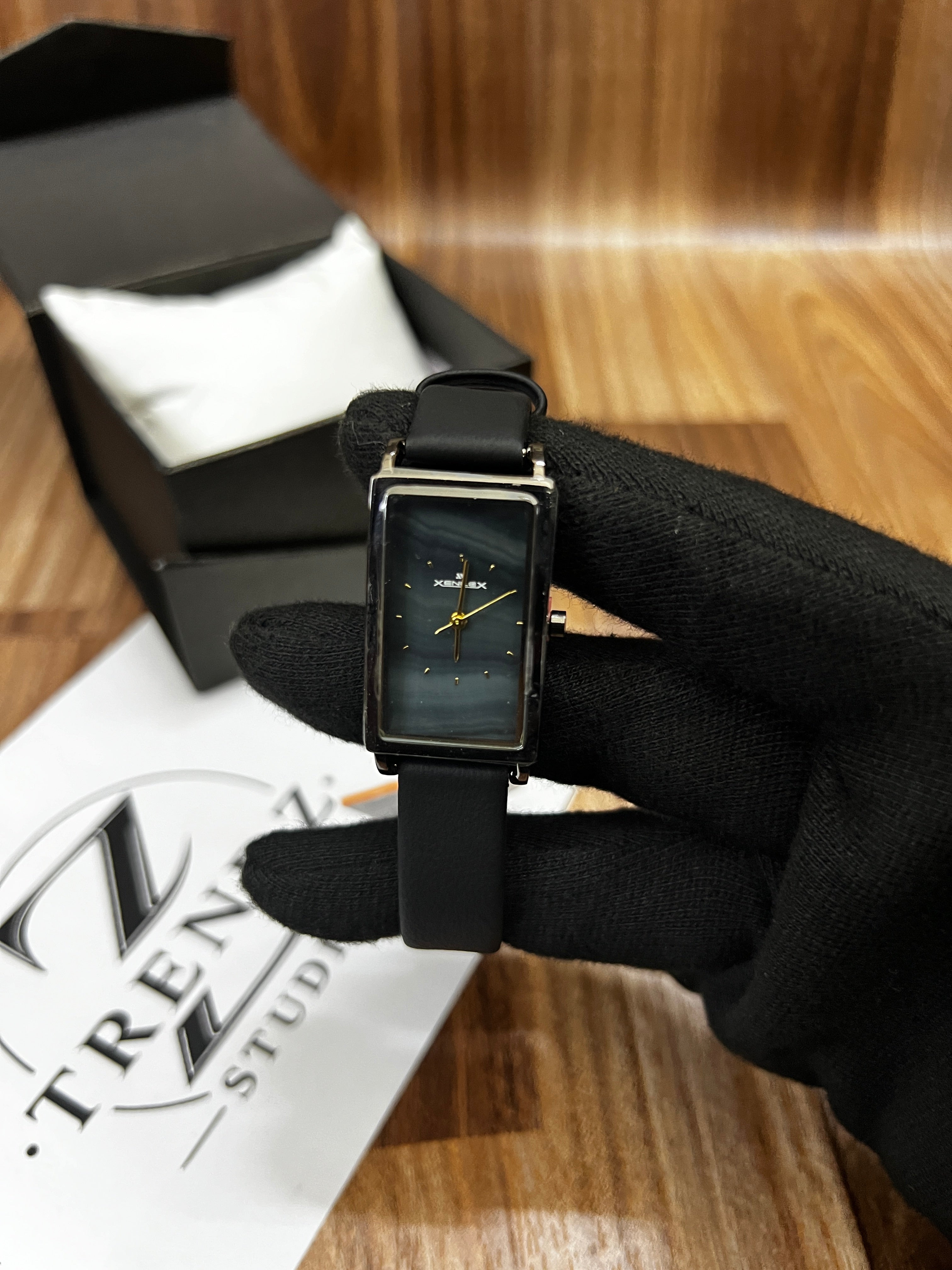 XENLEX Black Rectangular Minimalist Leather Strap Watch