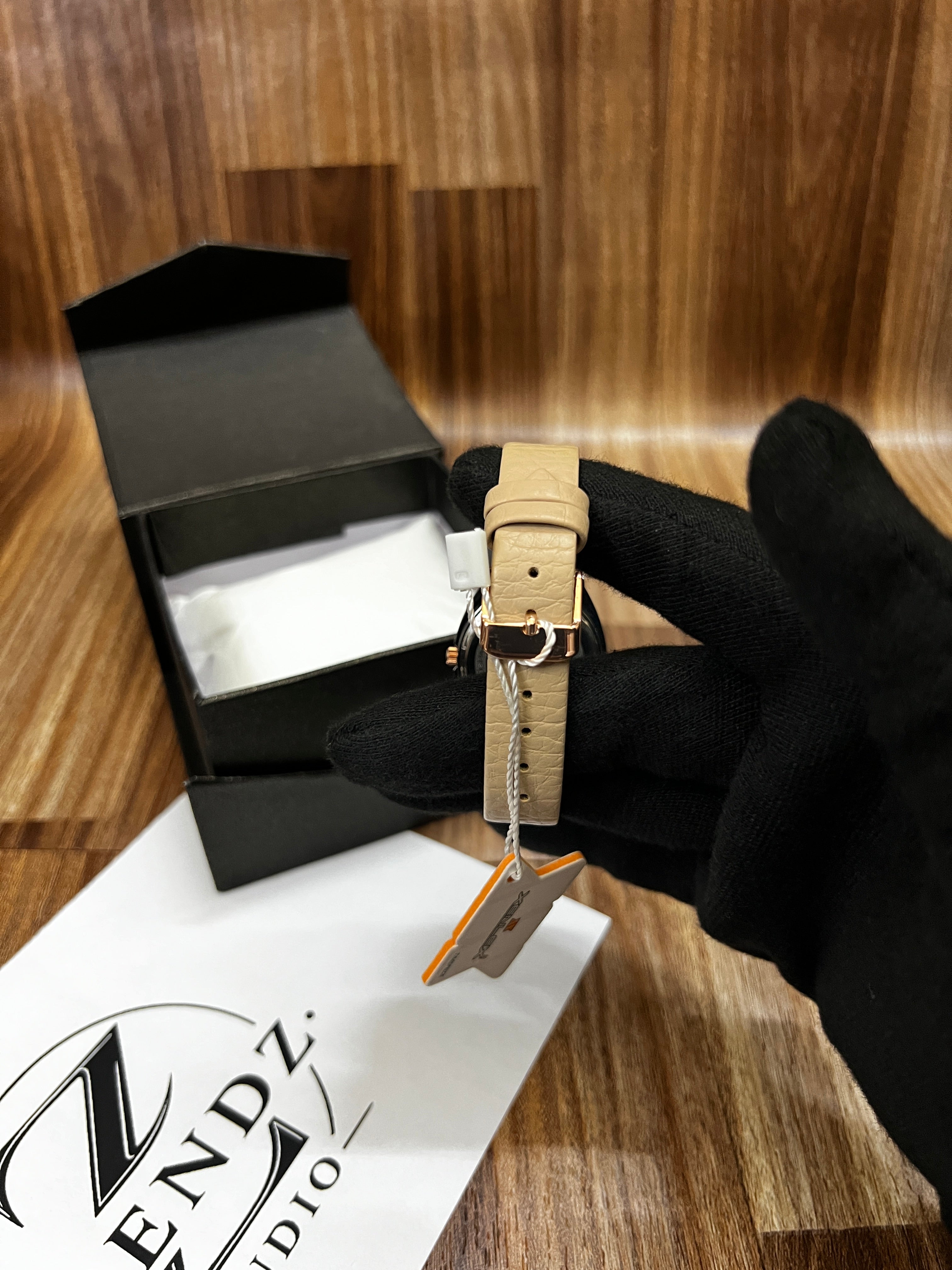 Xenlex Elegant Women’s Watch – Rose Gold Bezel with Beige Leather Strap