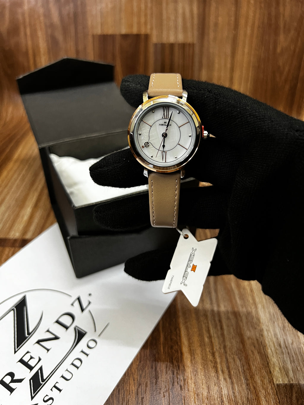 Xenlex Elegant Women’s Watch – Rose Gold Bezel with Beige Leather Strap