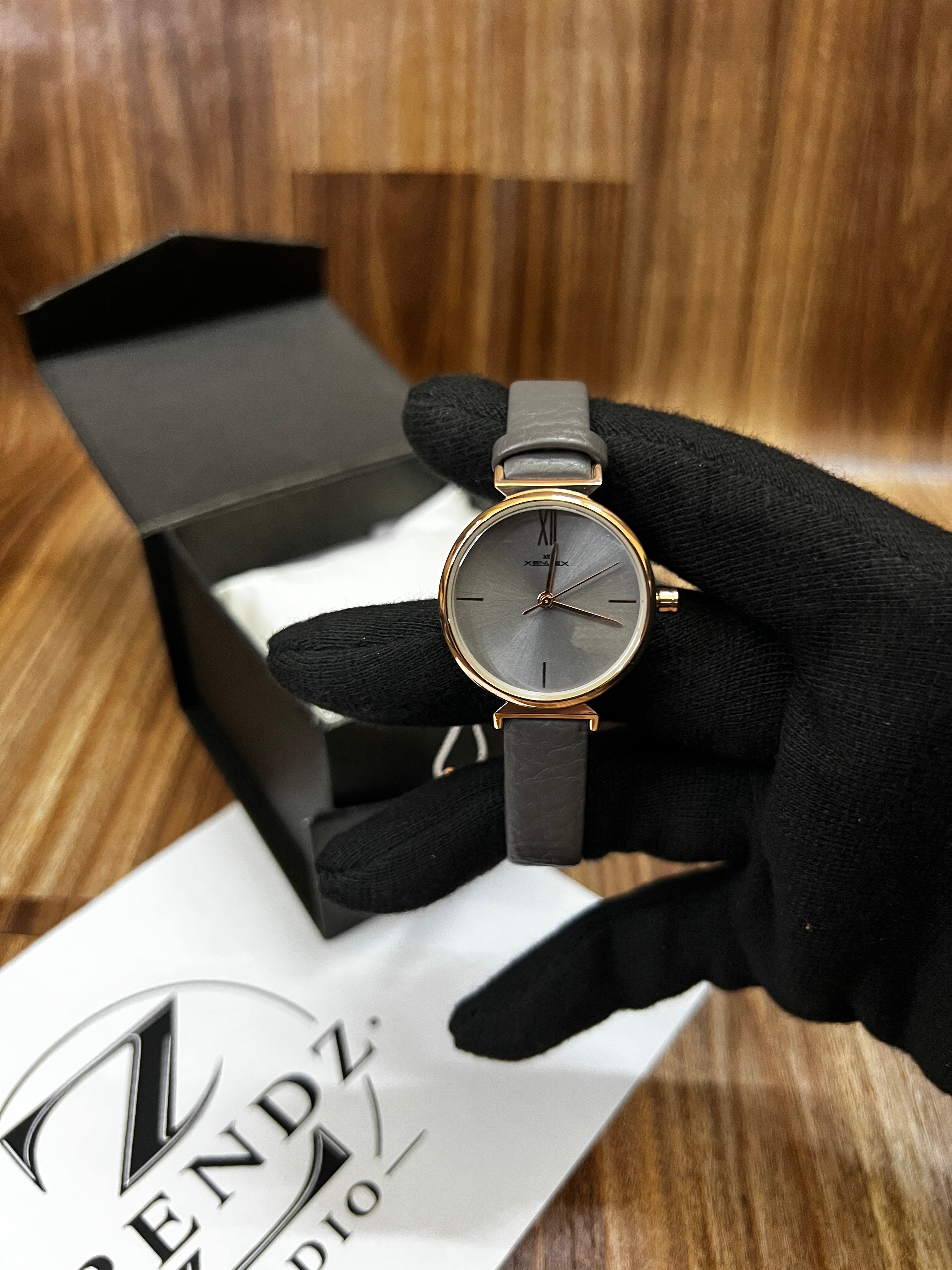 XENLEX Rose Gold Grey Leather Watch Women
