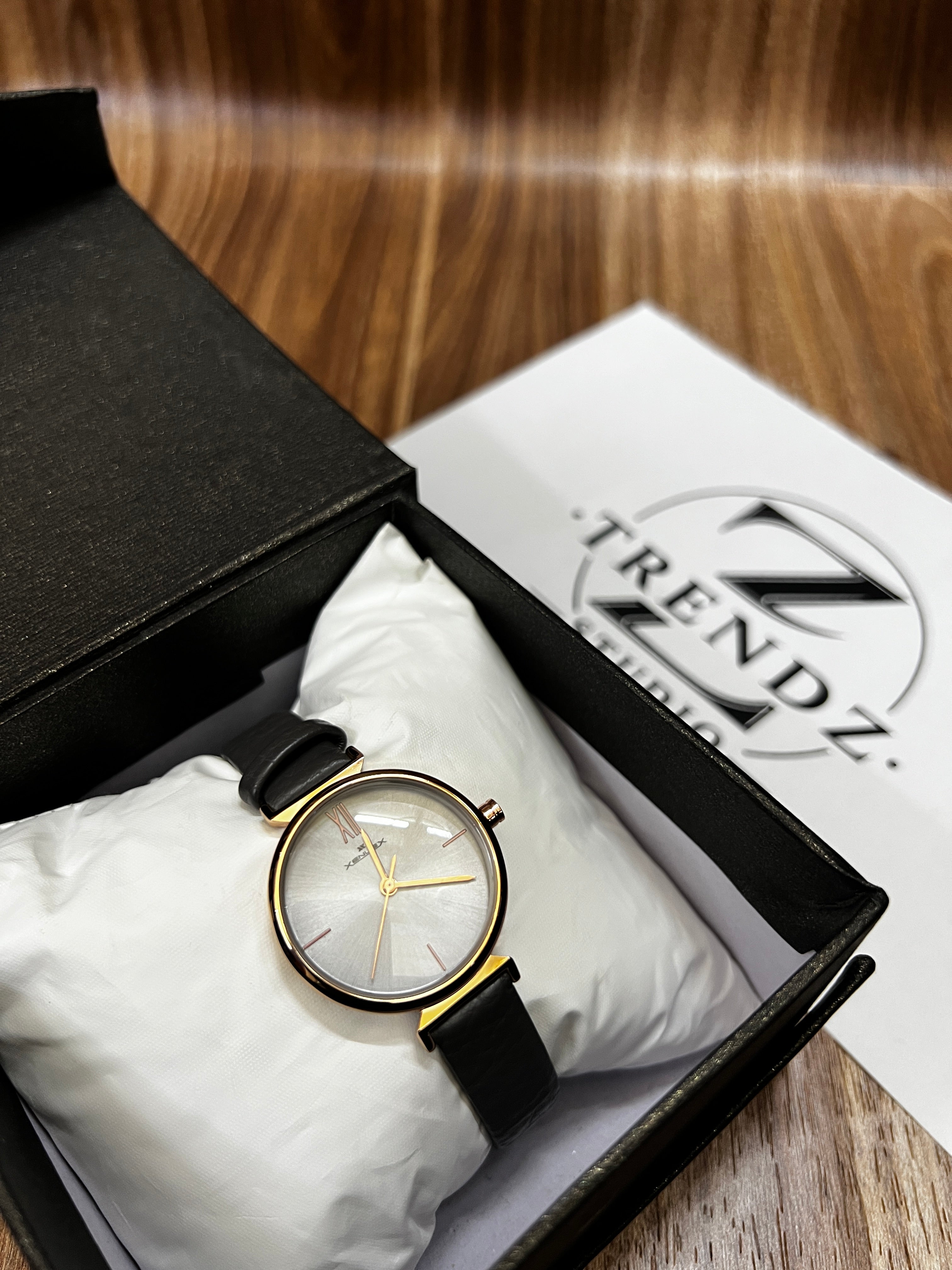 XENLEX Rose Gold Grey Leather Watch Women