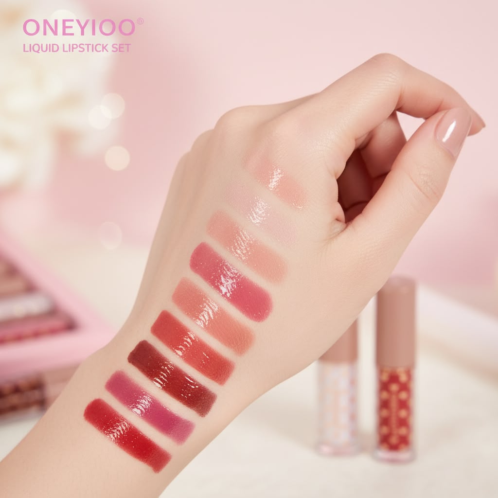 Lip gloss swatches on wrist showing all shades
