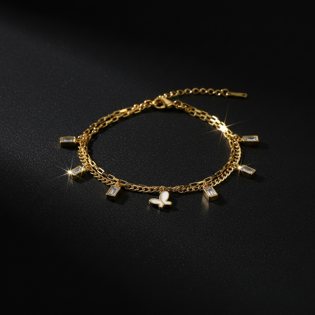 Butterfly Crystal Double Bracelet on dark background - luxury editorial
