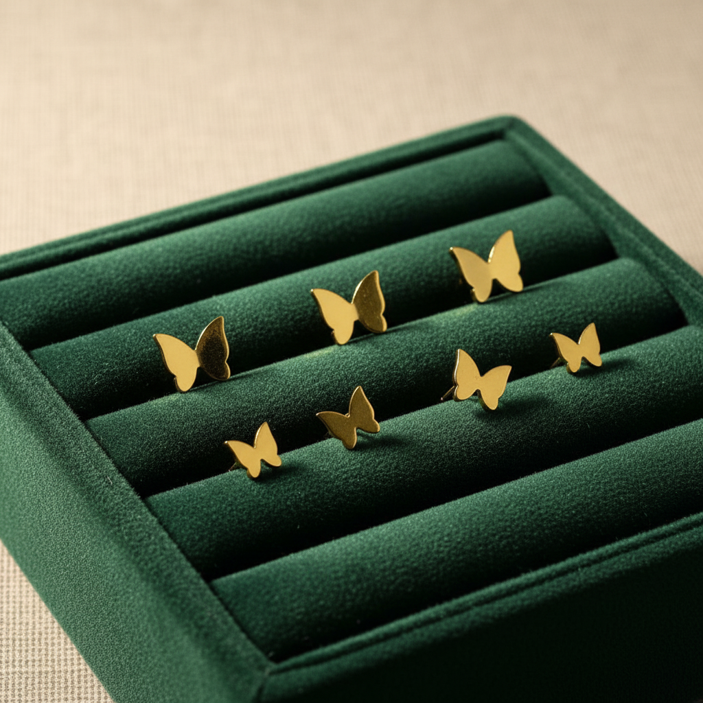 Gold Butterfly Stud Earrings Set in Green Velvet Jewelry Tray