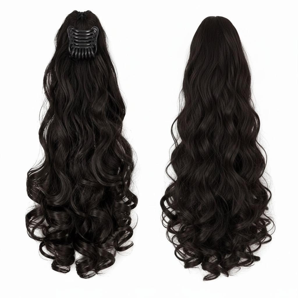 Black wavy claw clip ponytail hair extension front and back view