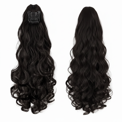 Black wavy claw clip ponytail hair extension front and back view