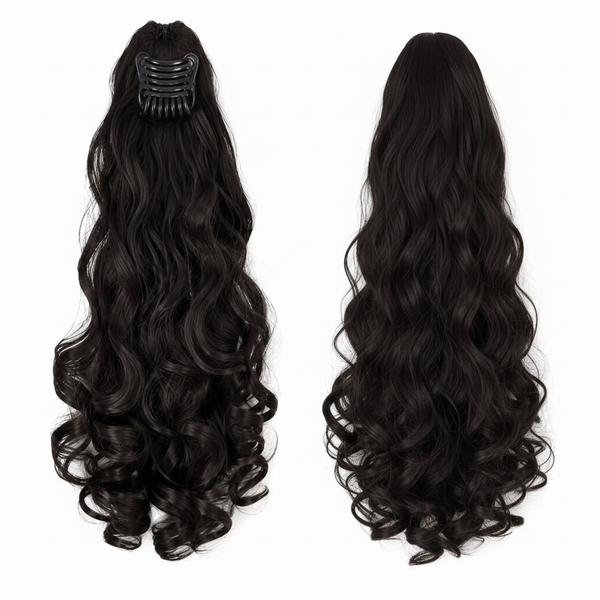 Black wavy claw clip ponytail hair extension front and back view