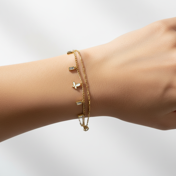Butterfly Crystal Double Bracelet worn on wrist - lifestyle shot