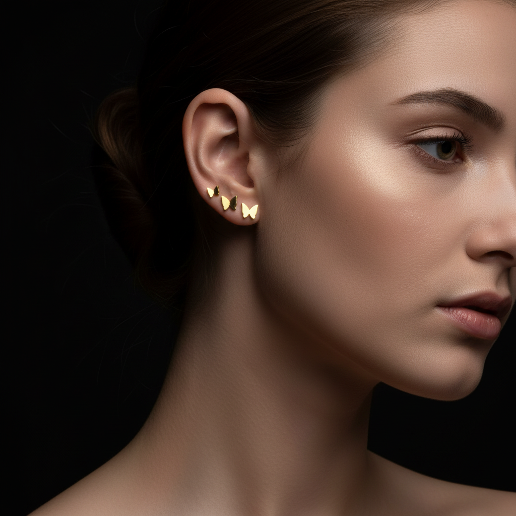 Model wearing Gold Butterfly Stud Earrings - Dark Studio