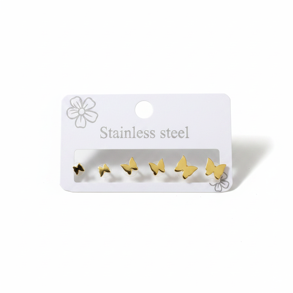 Gold Butterfly Stud Earrings Set - Original Packaging Card