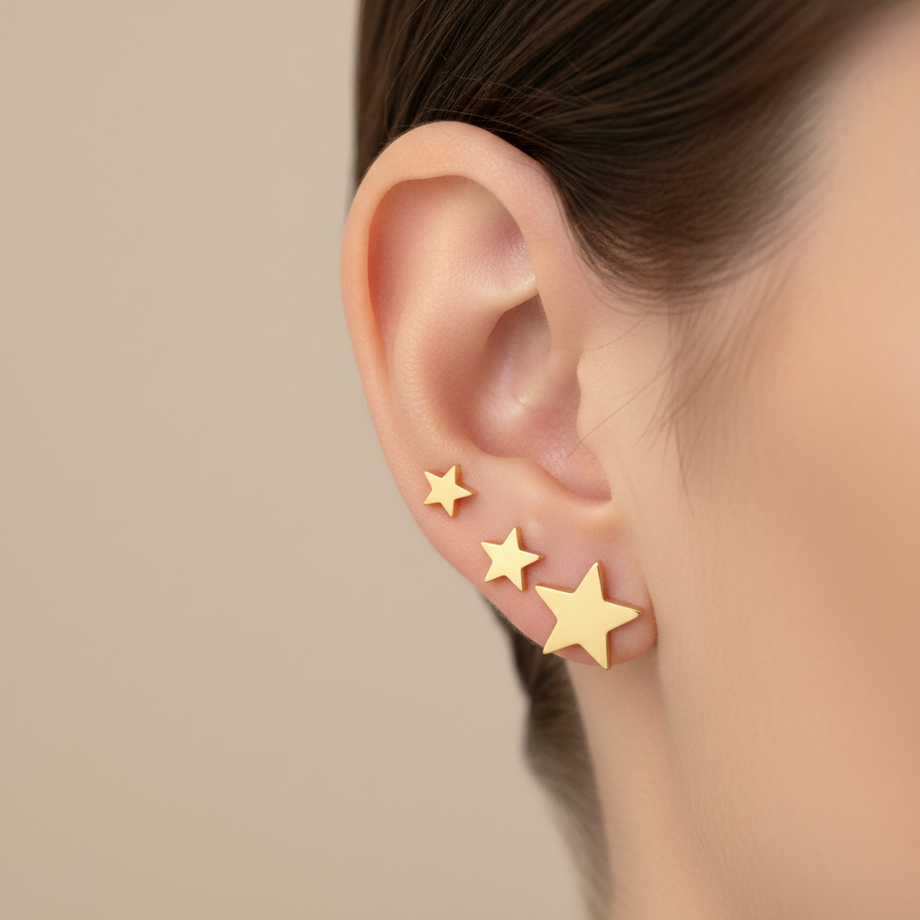 Plain Flat Gold Star Studs - One Ear